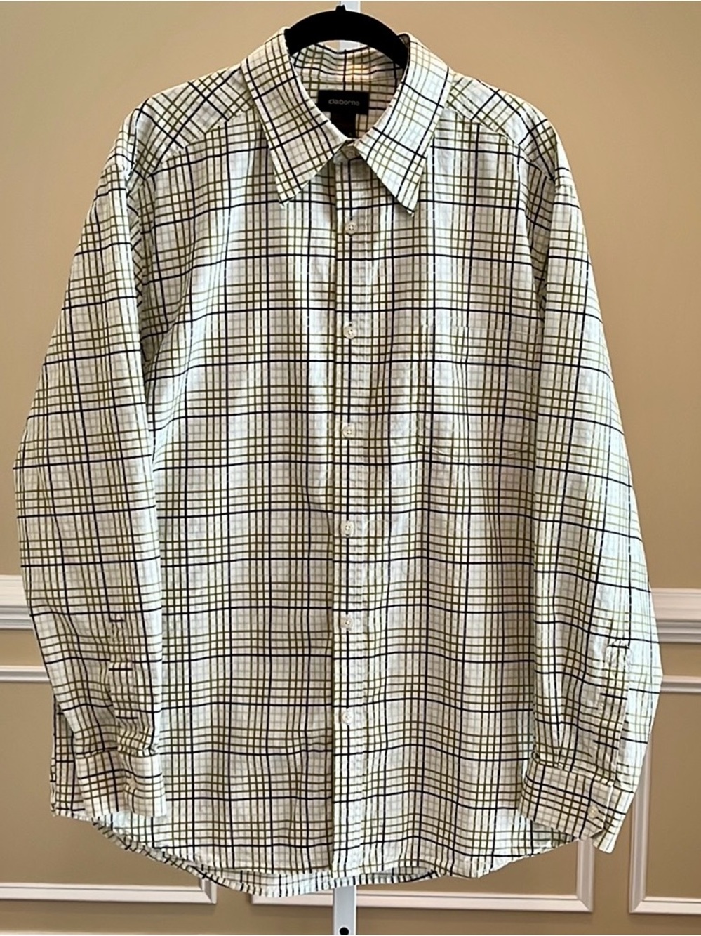 Claiborne Long Sleeve Green Windowpane Button Down Shirt Size XL